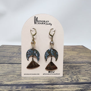 Ammonite Fossils and Aged Brass Antique Color Crystal Leverback Earrings