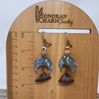 Ammonite Fossils and Aged Brass Antique Color Crystal Leverback Earrings