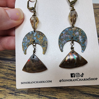 Ammonite Fossils and Aged Brass Antique Color Crystal Leverback Earrings