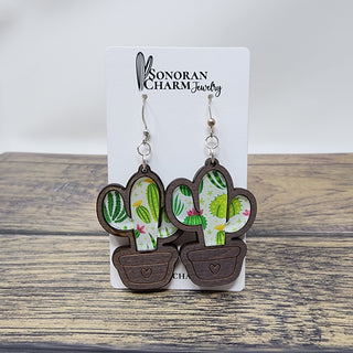 Cactus Inlaid Wood and Acrylic Potted Cactus Desert Dangle Earrings
