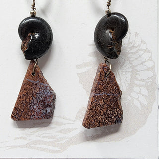 Ammonite Fossil and Gem Bone Agatized Dinosaur Bone Sterling Silver Earrings