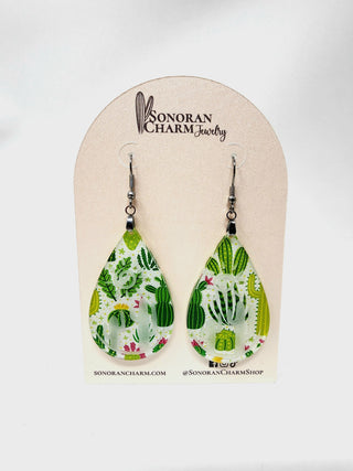Engraved Cactus Acrylic Earrings Desert Southwest Design | 3" long | Stainless Steel