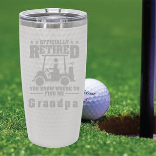 Officially Retired Golf Cart Retirement Gift | White Golf Tumbler with Dimples and Slider Lid | 20 oz |