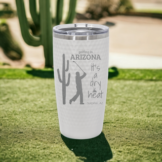 Male Golfer It's a Dry Heat Arizona Desert Golf Course | White Golf Tumbler with Dimples and Slider Lid | 20 oz | Personalize
