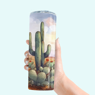 Southwest Art Sonoran Desert Cactus Personalized Cup 20oz Skinny Tumbler | Stainless Steel Tumbler with Straw & Lid