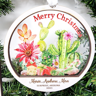 Arizona Desert Cactus Garden Merry Christmas Ornament Custom Customized Christmas Gift Present Gift Exchange Candy Cane Clear Wood 3.5"
