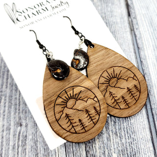 Tear Drop Mountain Trees Sun Laser Engraved Ammonite Earrings | 3.25" long | Stainless Steel Ear wires