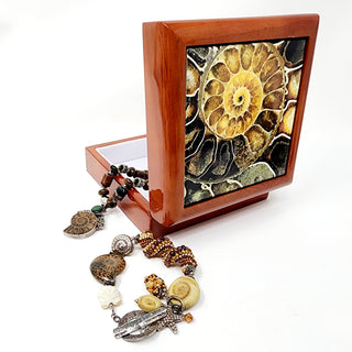 Ammonite Fossil Tile Wood Box - Jewelry Box Gift Packaging Display