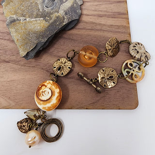 Brass Link Bracelet with Sand dollars Ammonite Fossil Shell Glass Lampwork Pearl Crystal