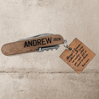 Personalized Engraved 3 1/2" Wooden 8-Function Multi-Tool Pocket Knife