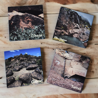 Set of 4 sandstone coasters with petroglphys from Arizona on them.
