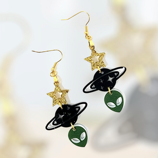 Alien UFO Planet Star Glitter Acrylic Earrings | 3.25" long | Gold Plated Stainless Steel