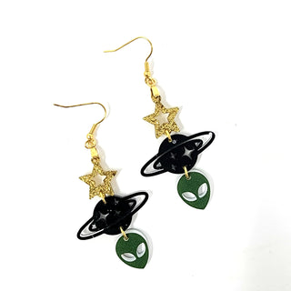 Alien UFO Planet Star Glitter Acrylic Earrings | 3.25" long | Gold Plated Stainless Steel
