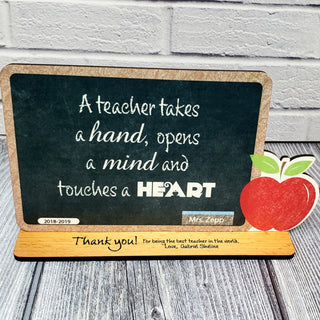 Custom Teacher Appreciation Gift Wood Chalkboard Desk Display Award | Thank You with Apple | A teacher takes a hand, opens a mind and touches a heart