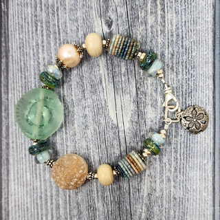 Lampwork Glass, druzy with starfish charm bracelet - green beige