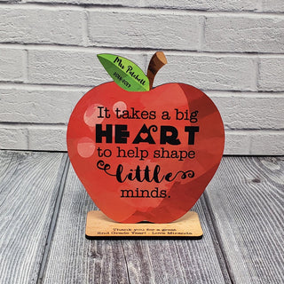 Custom Teacher Appreciation Gift Wood Apple Desk Display Award | Thank You | Big Heart to help Shape