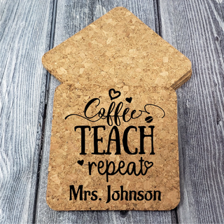 Teacher Appreciation Coffee Teach Repeat | SET of 4 | Personalized Cork Coasters Gift | Laser Engraved