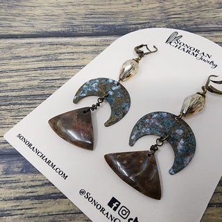 Ammonite Fossils and Aged Brass Antique Color Crystal Leverback Earrings