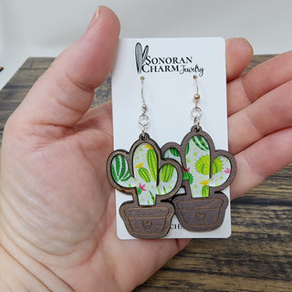 Cactus Inlaid Wood and Acrylic Potted Cactus Desert Dangle Earrings