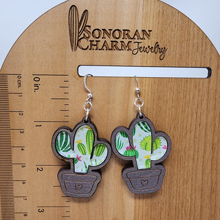 Cactus Inlaid Wood and Acrylic Potted Cactus Desert Dangle Earrings