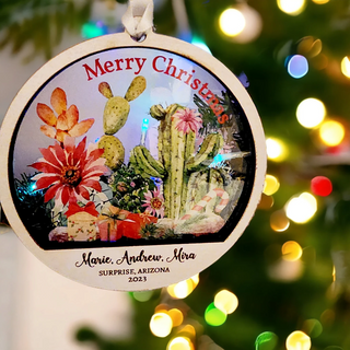 Arizona Desert Cactus Garden Merry Christmas Ornament Custom Customized Christmas Gift Present Gift Exchange Candy Cane Clear Wood 3.5"