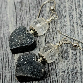 Black Druzy Hearts Faceted Clear Crystal Quartz Earrings