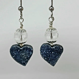Black Druzy Hearts Faceted Clear Crystal Quartz Earrings