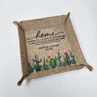 Custom Cactus Desert Home Personalized Linen Burlap Snap Up Tray Valet Dice Holder Catchall Dish | 6"x6" Snapped UP