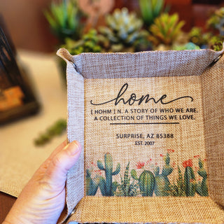 Custom Cactus Desert Home Personalized Linen Burlap Snap Up Tray Valet Dice Holder Catchall Dish | 6"x6" Snapped UP