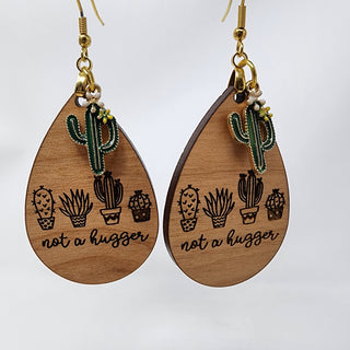Cactus Charm and Laser Engraved "Not a Hugger" Earrings | 3.25" long | Gold Plated Stainless Steel Ear wires charm
