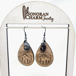 Tear Drop Mountain Trees Sun Laser Engraved Ammonite Earrings | 3.25" long | Stainless Steel Ear wires