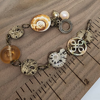 Brass Link Bracelet with Sand dollars Ammonite Fossil Shell Glass Lampwork Pearl Crystal