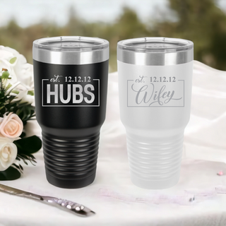 Hubs & Wifey Matching Black White Tumblers Wedding Gift Engavement Present Husband Wife| 2 TUMBLERS |  30 oz. Ringneck Tumbler