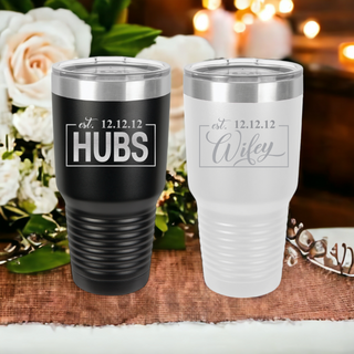 Hubs & Wifey Matching Black White Tumblers Wedding Gift Engavement Present Husband Wife| 2 TUMBLERS |  30 oz. Ringneck Tumbler