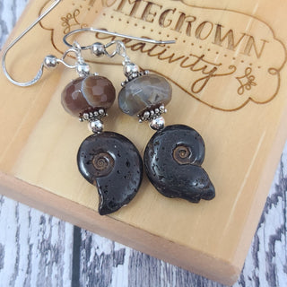 Ammonite Fossil Spiral Agate Sterling Silver Earrings