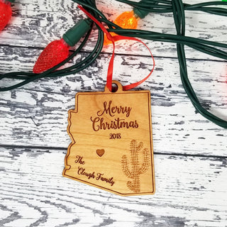 Arizona State Shape Cactus Merry Christmas Wood Ornament | Customized Personalized | Laser Engraved Wood Rustic | Christmas Gift Exchange
