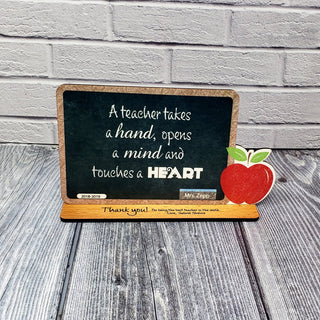 Custom Teacher Appreciation Gift Wood Chalkboard Desk Display Award | Thank You with Apple | A teacher takes a hand, opens a mind and touches a heart