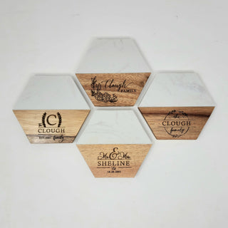 White Marble Hexagon Coasters. Laserable & Imprintable.